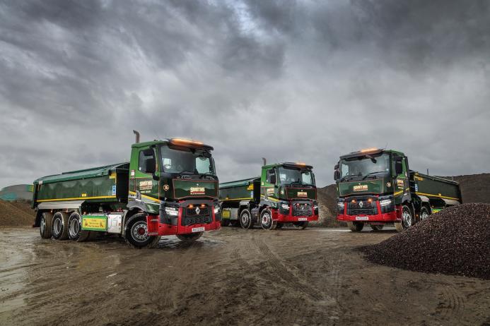 The new Renault Trucks C440 P8x4*4 Tridem Off Road with the two new C440 P8x4 Off Road tippers
