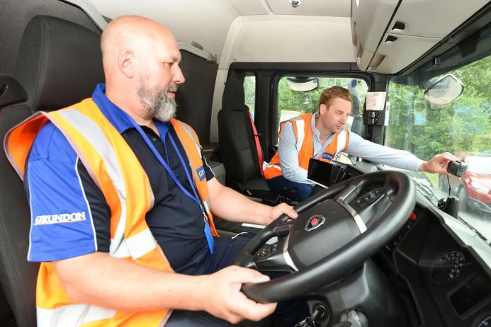 Chris Double (pictured right), Grundon’s regional operations manager, briefs colleague Jason Warrick on the new AI-led dash cams from Samsara