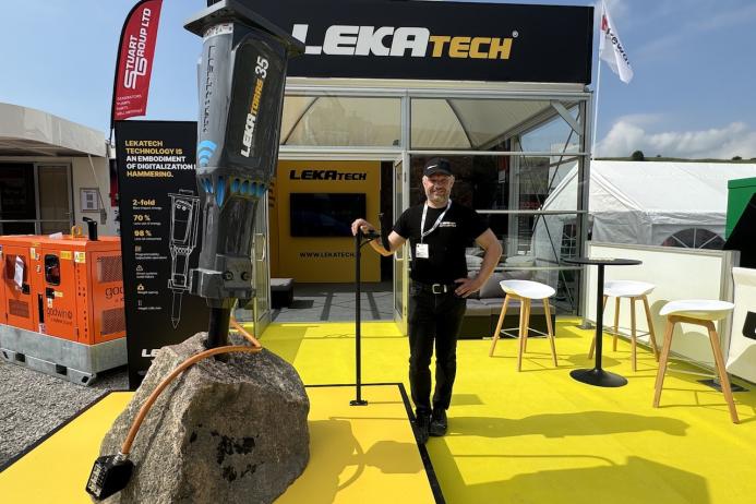 Antti Anttila, chief executive officer of Lekatech, with the new LekaToras35 electric hammer at Hillhead 2024