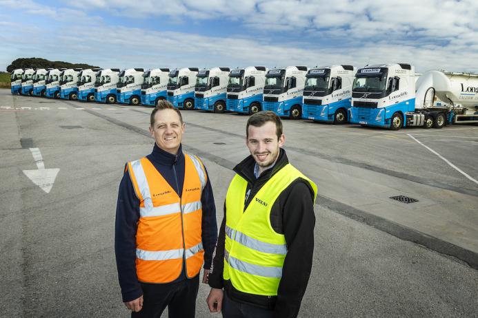 L-R: Longcliffe logistics manager James Hopkinson with Hartshorne’s area sales manager Tom Hulse in front of the new fleet