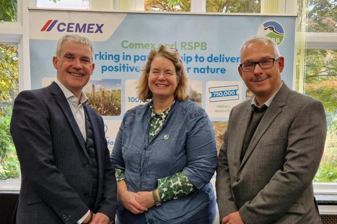 L-R: Martin Casey, director of communications and public affairs, Cemex; Beccy Speight, chief executive officer, RSPB; and Andy Spencer, vice-president of sustainability and corporate affairs, Cemex