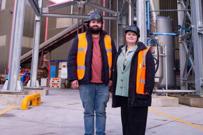 L-R: Material Evolution co-founders Sam Clark and Liz Gilligan at the Mevo A1 production facility