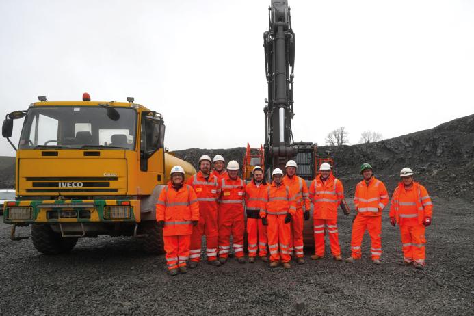 L-R: Cath Pickett, CPI’s national health and safety manager; Rhys Morgan, CPI engineer; Jamie Price, Tarmac multi-skilled operative at Dolyhir Quarry; George Pawley, CPI engineer; Ross Hayward, CPI’s asset director; John Corcoran, CPI’s managing director; Nigel Baker, Tarmac senior operations manager; James Thorne, joint chief executive officer of IQ and MPQC; Simon Malki, Tarmac operations manager; and Eddie John, Tarmac machine operator at Dolyhir Quarry