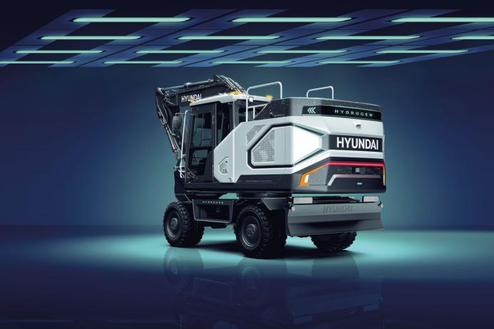HD Hyundai will demonstrate their HW155H hydrogen fuel-cell-powered wheeled excavator at bauma 2025