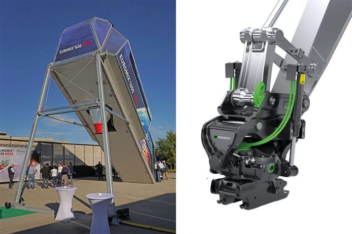 Left: SBM will present the new EUROMIX 1600 NOVA mobile concrete mixing unit; Right: Steelwrist’s XTR20 tiltrotator