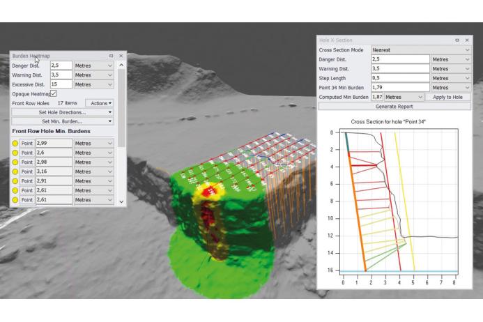 Automatic burden optimization to achieve best results regarding fragmentation, fly-rock prevention, and muckpile shape