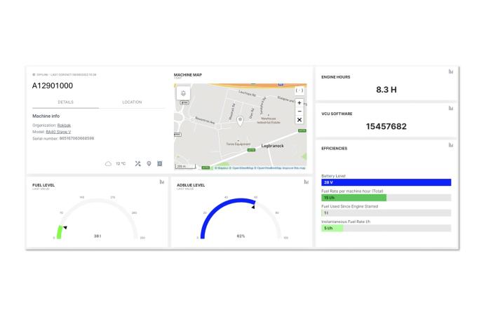 The Rokbak Haul Track online portal features dashboards that show GPS location combined with fuel consumption data