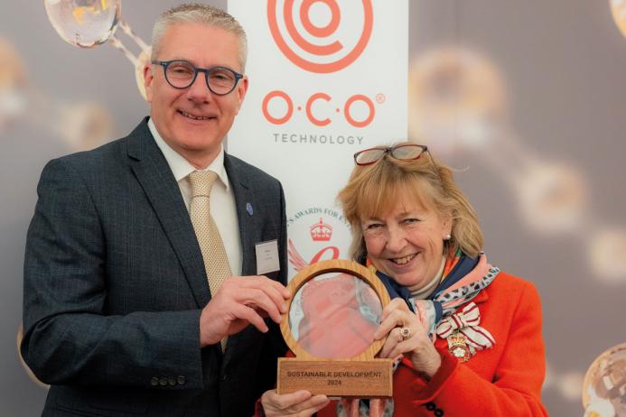 Lady Dannatt, HM Lord-Lieutenant of Norfolk, presenting the King’s Award for Enterprise: Sustainable Development 2024, to Steve Greig, group chief executive officer of O.C.O Technology