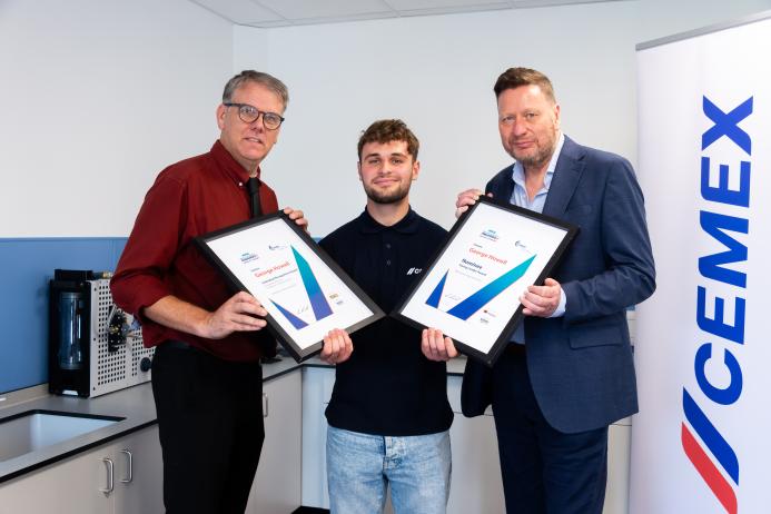L–R: Andy Lees (senior director of curriculum, innovation, and construction at BMet), George Howell (apprentice fitter with Cemex UK), and Lex Russell (materials managing director at Cemex UK)