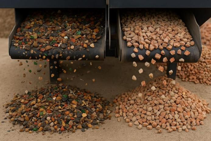 After screening, clean aggregate from a mix of glass rubber and plastics