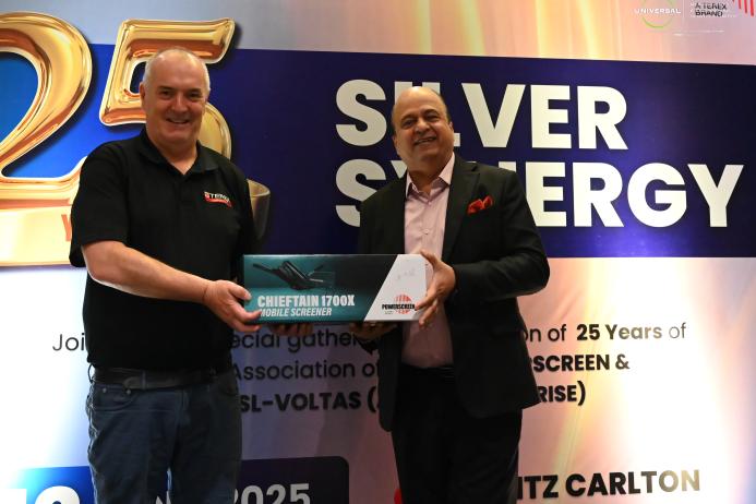 L-R: Kieran Hegarty, president of Terex Materials Processing, with Pradeep Bakshi, managing director and chief executive officer of Voltas, at the 25th anniversary event