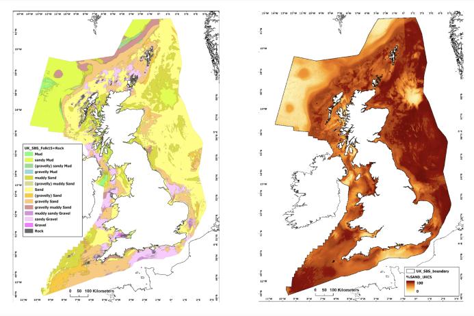 Classified seabed sediment map of the UK continental shelf (left) and predicted proportion of sand in the UK continental shelf (right). Image: BGS UKRI