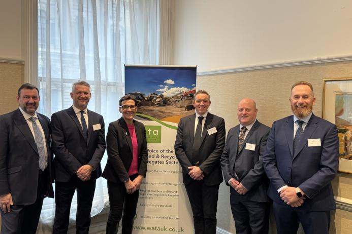 L–R : Steve Birch of Tarmac; Andy Hill, WATA CEO; Tonia Antoniazzi MP; Donal McNicholl from McLanahan Aggregate Systems; Gavin Griffiths from Gavin Griffiths Recycling; and David Holman from Heidelberg Materials at the MP drop-in event for WATA