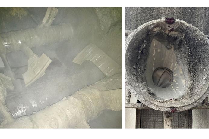 The twin-shaft mixer (left) and the mixer discharge chute (right) before the upgrade