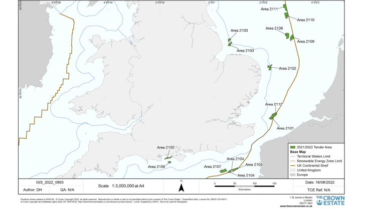 Map of potential marine aggregate extraction areas – tender round 2021/22