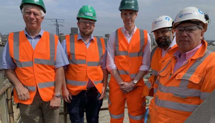 L–R: Cllr David Gardner, Cllr Nick Williams, Matthew Pennycook MP, Tarmac site manager Ali Zand, and Tarmac area operations manager Steve Wallis Greenwich Wharf visit