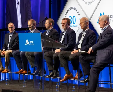 Martin Marietta chairman and CEO Ward Nye (right) fields questions about the past, present and future of the company along with division presidents (L–R) Ron Kopplin, Bill Podrazik, Chris Samborski, Kirk Light, and Abbott Lawrence