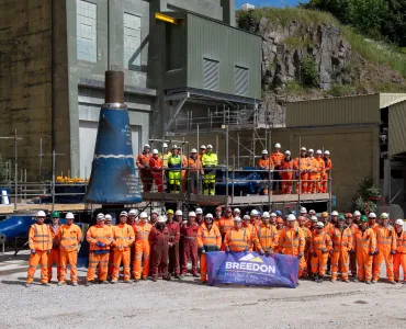 Contract partners and project team members with the new FLSmidth primary gyratory prior to installation at Hope works.