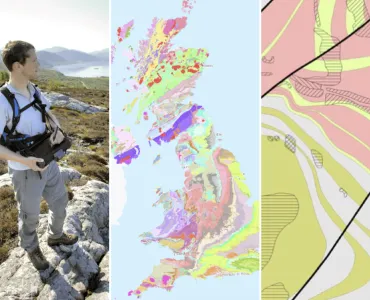 L-R: A BGS geologist mapping in the field; BGS Geology 625K; a sample of BGS Geology 10K. Images: BGS © UKRI 2025