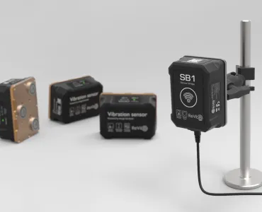 ReVibe Energy’s latest product, the Anura SB1 sensor bridge (right), with Anura VS1 vibration sensors in the background 