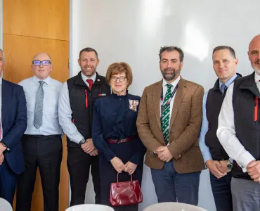 L–R: Steve Huntley, divisional managing director, Hills Quarry Products; Alex Henderson, company secretary; Mark Tinson, divisional managing director, Hills Homes; Dame Sarah Troughton, Lord Lieutenant of Wiltshire; Neil Pollard, divisional managing director, Hills Waste Solutions; Ed Dodd, chief executive; and Mike Hill, chairman