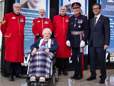 Eileen Lavery, aged 99, pictured at today’s ceremony with (left to right) Chelsea Pensioners Ted Fell, Mick Skerratt, and Barry Prior, HM Lord-Lieutenant of Staffordshire Sir Ian Dudson, and JCB deputy chairman George Bamford