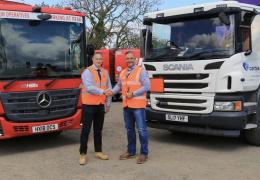 Nathan Carr, divisional fleet manager, Hills Waste Solutions, and Craig Dando, senior business account manager, Certas Energy UK, meet at Hills’ Bristol depot 