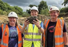L-R: Sally Hollingworth, Dr Stephen Zhang, University of Bristol, and Dr Neville Hollingworth celebrate the discovery of a mammoth tooth