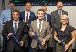 Top row (L-R): Jordan Eccles, Lewis Malone, John Bright, Adam Baker; Bottom row (L-R): Gregg Loan, Haydn Griffiths, Sallie Antill