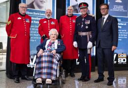 Eileen Lavery, aged 99, pictured at today’s ceremony with (left to right) Chelsea Pensioners Ted Fell, Mick Skerratt, and Barry Prior, HM Lord-Lieutenant of Staffordshire Sir Ian Dudson, and JCB deputy chairman George Bamford