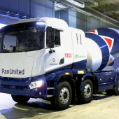 Singapore’s first electric-powered concrete truckmixer painted in Pan-United’s signature red and blue. Photo: Pan-United 