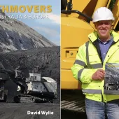 Left: Book front cover showing a P&H 4100XPB rope shovel at Black Thunder Mine, Wyoming; Right: The author, David Wylie, with his new book