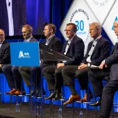 Martin Marietta chairman and CEO Ward Nye (right) fields questions about the past, present and future of the company along with division presidents (L–R) Ron Kopplin, Bill Podrazik, Chris Samborski, Kirk Light, and Abbott Lawrence