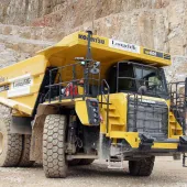 The new Komatsu HD605-8 goes to work in Longcliffe’s Brassington Moor Quarry