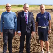 L-R: Club manager Alex Shaw with Scott Bros directors Bob Borthwick and Peter Scott following a delivery of the firm’s sustainably produced sand