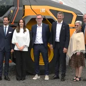 The inauguration ceremony marked the start of Arvika’s journey into the production of electric wheel loaders. Pictured (L-R) are Prince Carl Philip, Princess Sofia, Mikael Liljestrand, Melker Jernberg, Maria Andrén, and Governor of Värmland Georg Andrén