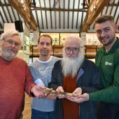 (L-R):Prof David Martill, Darren Withers, and Richard Forrest of PGPG at Rutland County Museum with Richard Gray from Heidelberg Materials