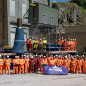 Contract partners and project team members with the new FLSmidth primary gyratory prior to installation at Hope works.