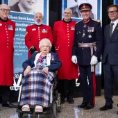 Eileen Lavery, aged 99, pictured at today’s ceremony with (left to right) Chelsea Pensioners Ted Fell, Mick Skerratt, and Barry Prior, HM Lord-Lieutenant of Staffordshire Sir Ian Dudson, and JCB deputy chairman George Bamford