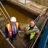 L-R: Bob Borthwick and Peter Scott with a modified 10-micron filter that allows Scott Bros’ wash plant to operate solely using recycled water