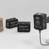 ReVibe Energy’s latest product, the Anura SB1 sensor bridge (right), with Anura VS1 vibration sensors in the background 
