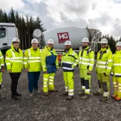 The Mill Rig wind farm project team (L-R): Andrew Grant, mixer driver, Hillhouse Quarry Group; Caroline Woodburn, operations manager - transport and distribution, Hillhouse Quarry Group, Joe Campbell, general manager - concrete, Hillhouse Quarry Group; Scott Lindsay, general foreman, RJ McLeod; Shakthivelu Thanghavel, project manager, RJ McLeod; Peter Gallagher, sub agent, RJ McLeod; Kevin Mapes, head engineer, RJ McLeod; Emilia Zalupska, graduate engineer, RJ McLeod; and Christin Stewart, engineer, RJ McLe