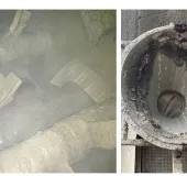 The twin-shaft mixer (left) and the mixer discharge chute (right) before the upgrade