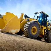 A Cat 972 wheel loader featuring a Collision Warning System in the SER fleet