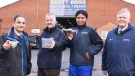 L-R: Dr Sina Rezaei Gomari, Peter Scott, KTP associate Eghe Ikponmwosa-Eweka, and Bob Borthwick with the clay that will be used in the artificial soil as well as a drone that will monitor the test site